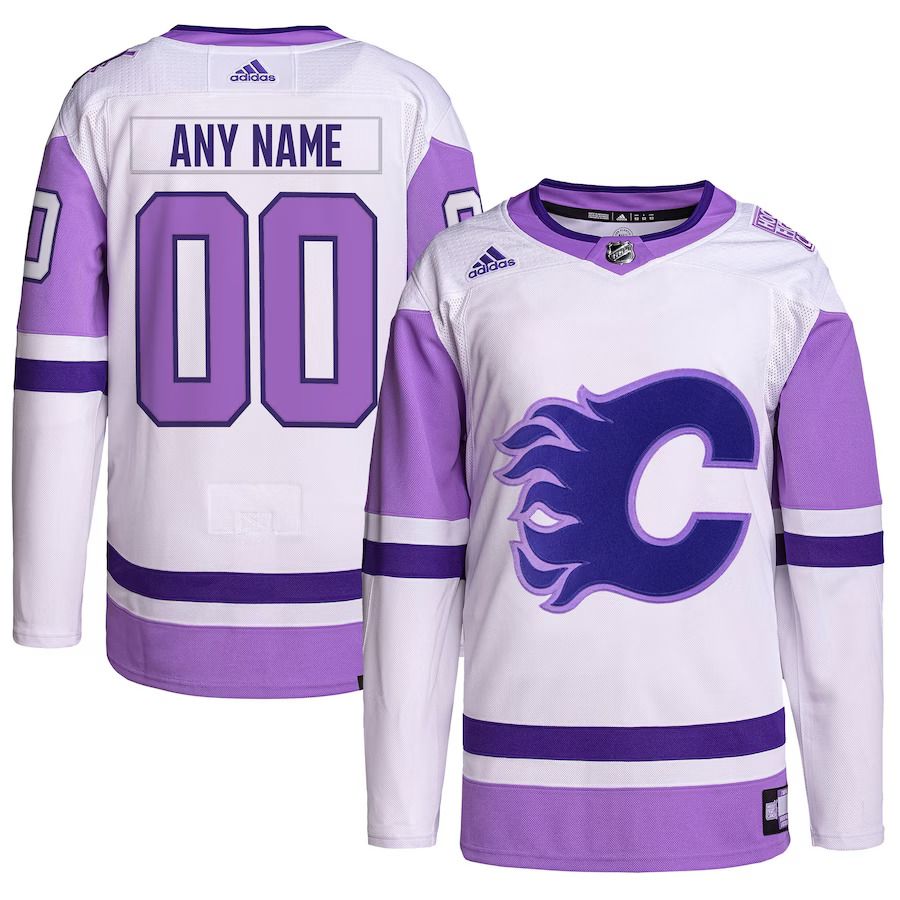 Men Calgary Flames adidas White Purple Hockey Fights Cancer Primegreen Authentic Custom NHL Jersey